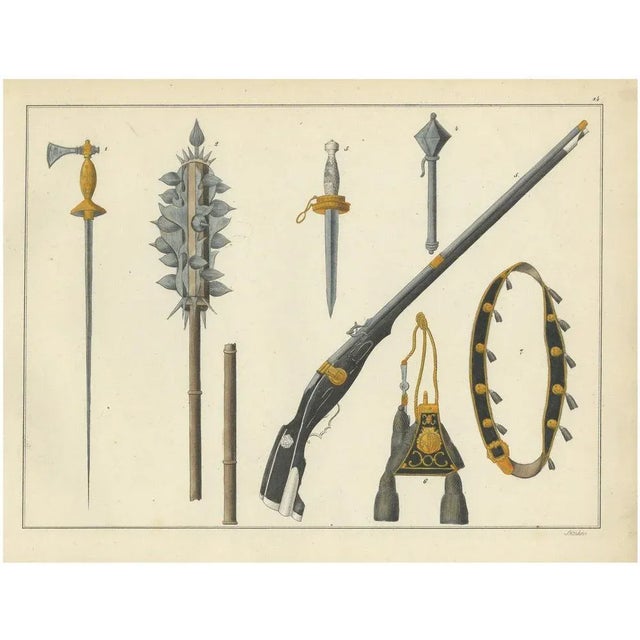 Friedrich Martin von Reibisch, Medieval Axes, Maces, Daggers and Fire Arm, 1842, Lithograph on Paper For Sale - Image 6 of 6