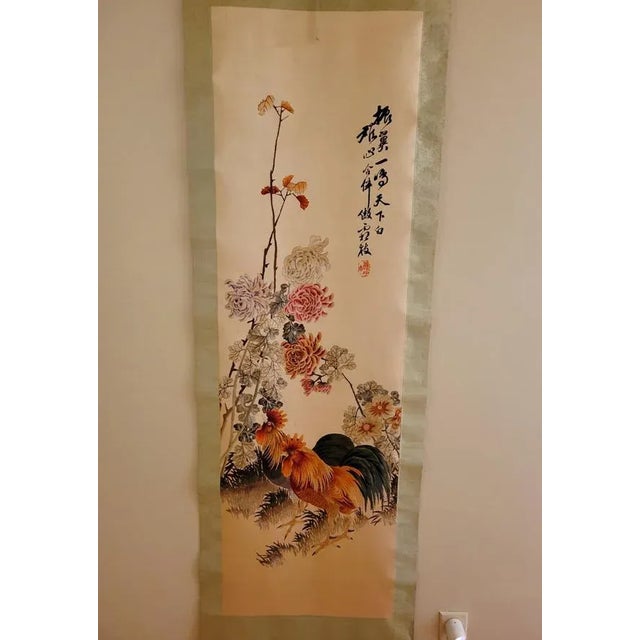 Chinese Vintage Old Chinese Silk Embroidery of Rooster Scroll For Sale - Image 3 of 13
