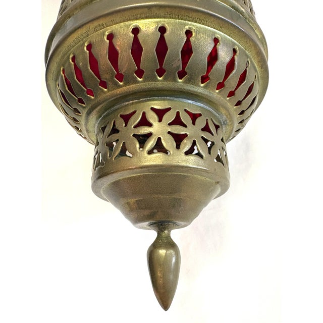 1900's Middle Eastern Hammered & Pierced Brass Swag Electrified Lanterns With Red Liner- A Pair For Sale In West Palm - Image 6 of 18