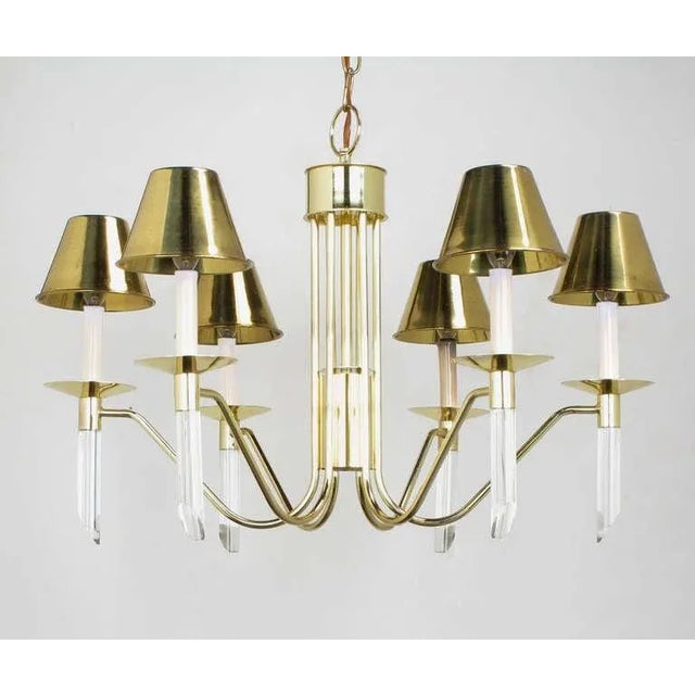 Mid-Century Modern Seven Light Brass & Lucite Chandelier With Brass Shades For Sale - Image 3 of 11