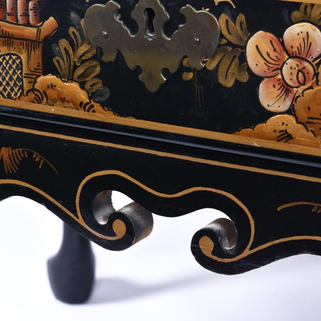 Black Lacquer Hand Painted Asian Chinoiserie Black Lacquer Secretary Writing Desk For Sale - Image 9 of 13