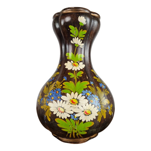 Brown Ceramic Vase with Floral Decorations, 1990 For Sale