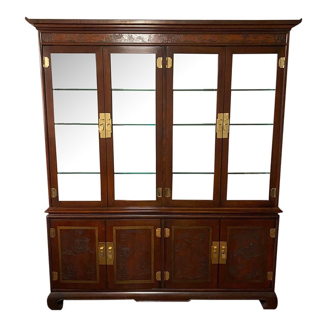 1980s Drexel Heritage Asian Style Burl Wood Display China Set