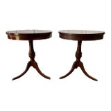 Pair of Vintage Duncan Phyfe Style Mahogany Round Drum Side Tables by Mersman. For Sale