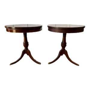 Pair of Vintage Duncan Phyfe Style Mahogany Round Drum Side Tables by Mersman.