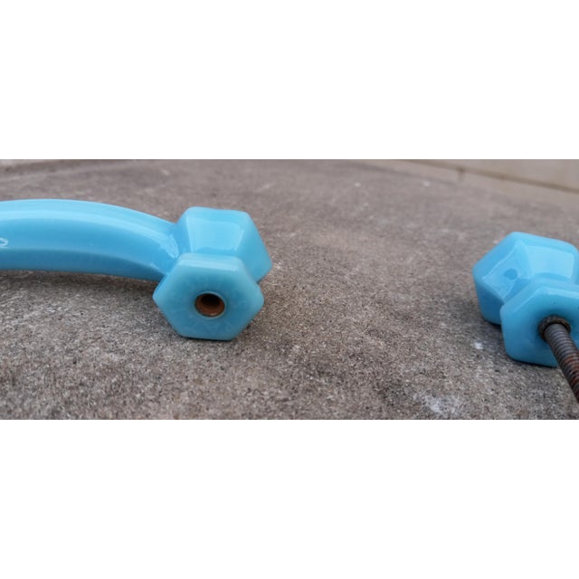 1920s Art Deco Pair (2x) Blue Opaline Glass Drawer Pulls (Handles) For Sale - Image 15 of 16