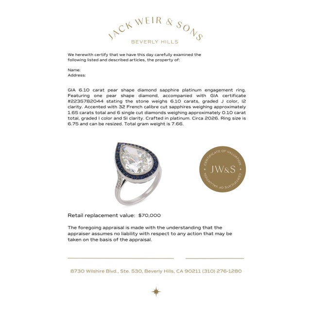 Silver Gia 6.10 Carat Pear Shape Diamond Sapphire Platinum Engagement Ring, Size 6.75 For Sale - Image 8 of 8