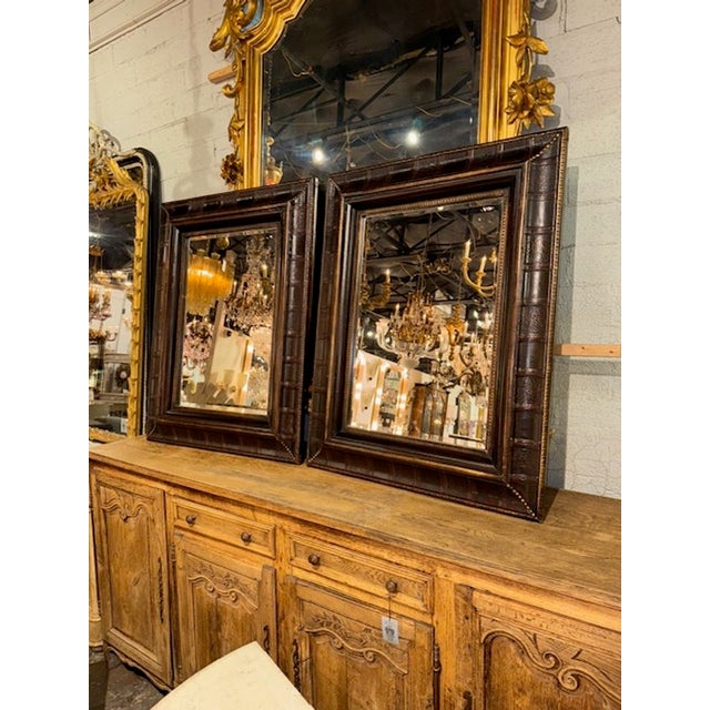 Glass Pair of Vintage English Leather Bound Mirror For Sale - Image 7 of 7