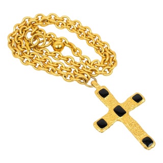 Jean Louis Scherrer Paris Gilded Metal and Black Enamel Cross Pendant Necklace For Sale