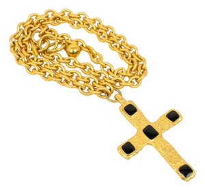 Jean Louis Scherrer Paris Gilded Metal and Black Enamel Cross Pendant Necklace