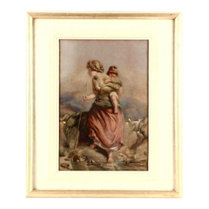 Original Antique English School Watercolor Painting of Woman and Child