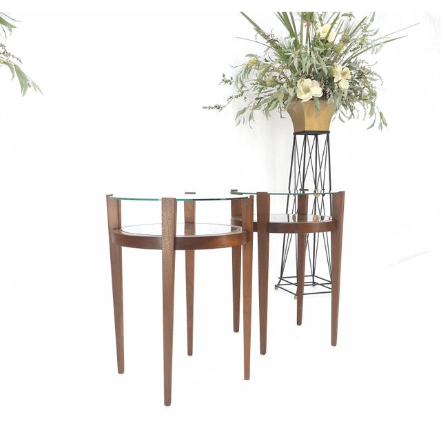 Wood Pair Two Tier Glass Top Shelf Oiled Walnut Round End Side Occasional Table MINT For Sale - Image 7 of 9