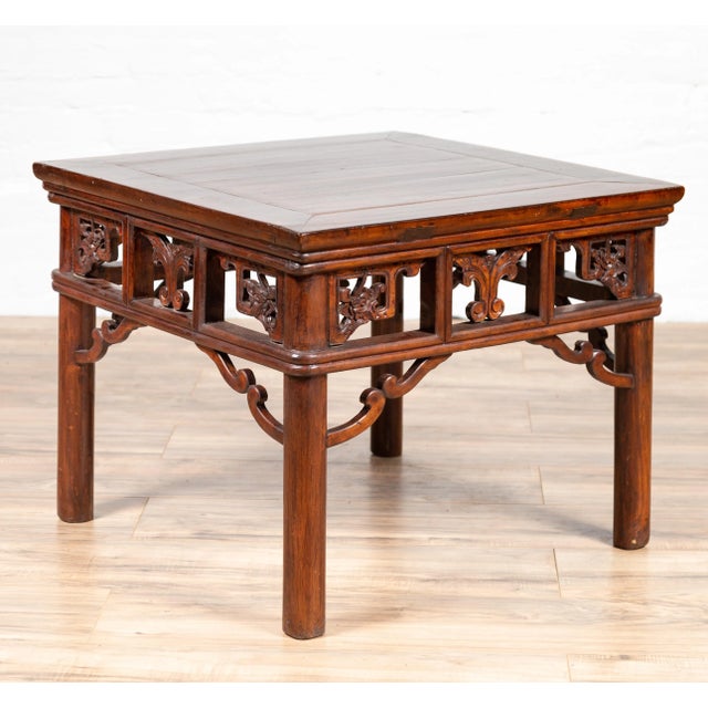 Chinese Antique Side Table With Open Fretwork Design And Dark Wood