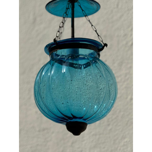 Turquoise Blue Vintage Hundi Lantern, Electrified With Canopy For Sale In Los Angeles - Image 6 of 7
