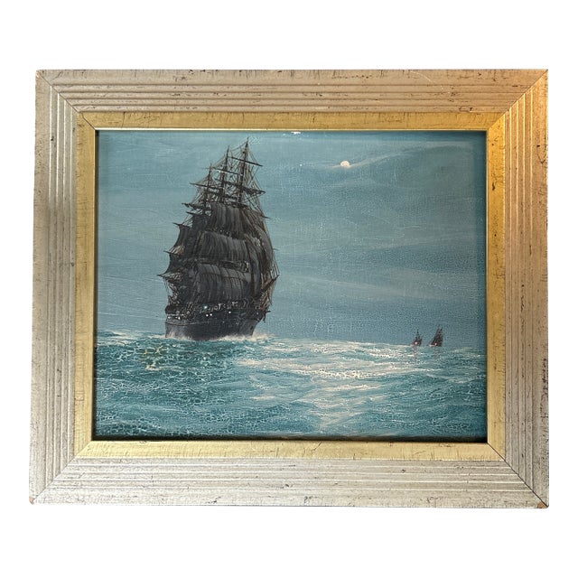1950's Original Tall Ship at Sea Nautical Seascape Painting For Sale