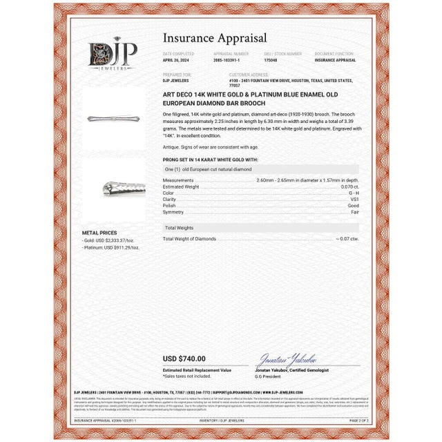 1920s Art Deco 14k White Gold & Platinum Blue Enamel Old European Diamond Bar Brooch For Sale In Houston - Image 6 of 6