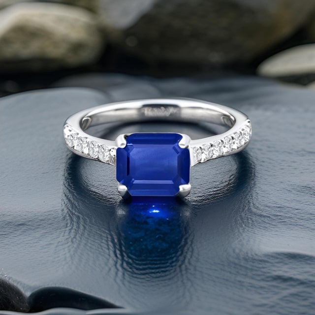 Metal Natural Sapphire Diamond Ring 6.5 14k W Gold 1.99 TCW Certified, Size 6.5 For Sale - Image 7 of 15