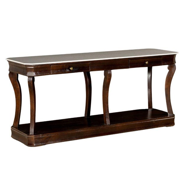 Long Timber Side Board or Console with Marble Top and Drawers with Brass Pulls Each Marble Top Varies Due to Natural...