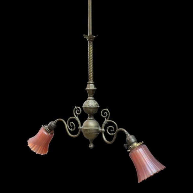 Metal Art Nouveau Brass 2 Arm Chandelier With Fluted Dark Amber Glass Shades C1910 For Sale - Image 7 of 8