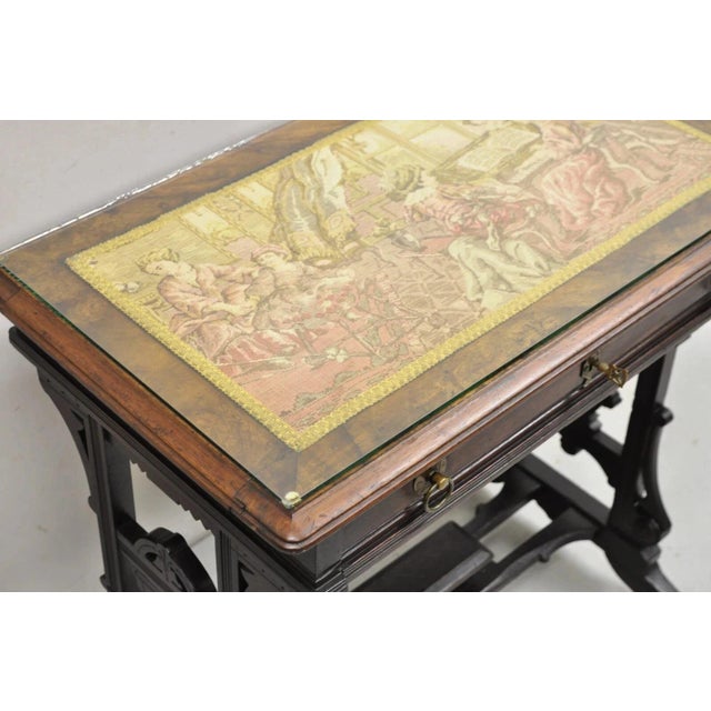 Wood Antique Eastlake Victorian Carved Walnut Small Sewing Stand Tapestry Side Table For Sale - Image 7 of 12