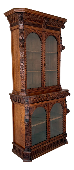 Antique Neo-Renaissance Oak Bookcase with Figural Carvings, 1870