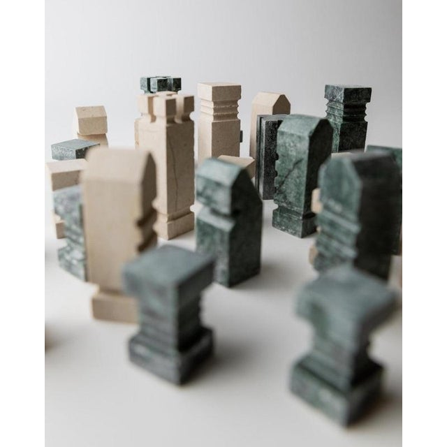 Vintage Marble Chess Set in Green and Beige Stone Chess, 1970s, Set of 33 For Sale - Image 6 of 17