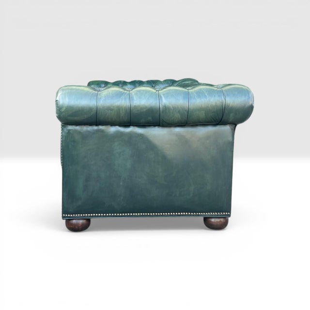 1960s Classic English Traditional Chesterfield Sofa in Rich Dark Green Leather- Brass Nail Head Trim For Sale - Image 10 of 11