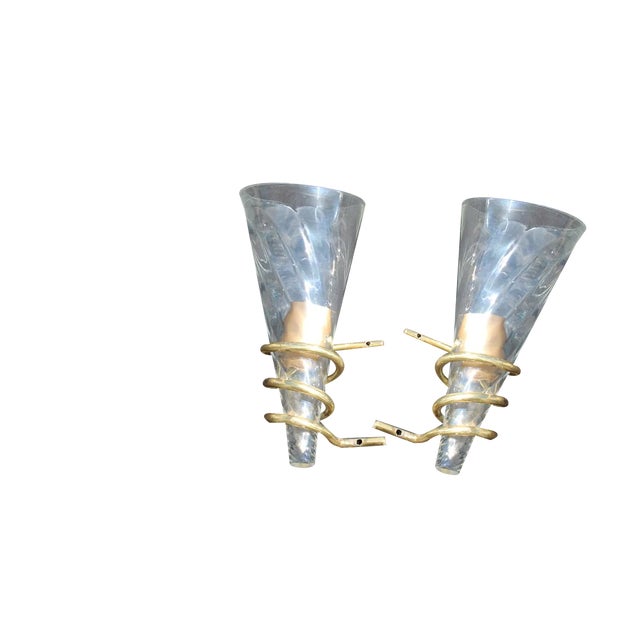 Brass and Murano Glass Wall Lamps, Italy, 1970s, Set of 2 For Sale