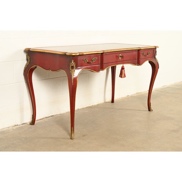 John Widdicomb John Widdicomb French Louis XV Red Lacquered Leather Top Bureau Plat Desk With Mounted Bronze Ormolu For Sale - Image 4 of 13