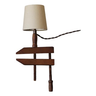 Wooden Handscrew Clamp Lamp With Shade by Understated Design Los Angeles For Sale