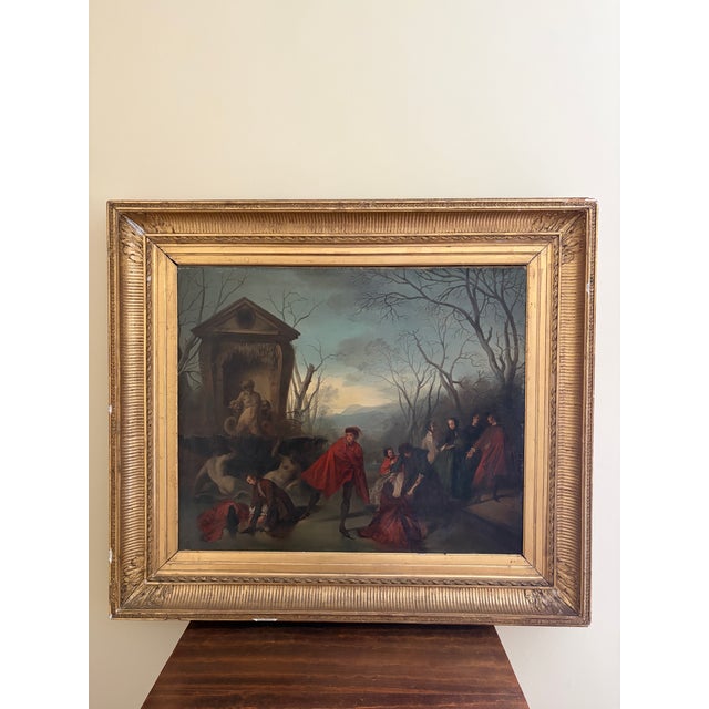 A wonderfully atmospheric mid-19th century French oil painting depicting A Skating Party by noted French artist Augustine...