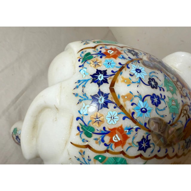 Large Vintage Inlaid White Marble Marquetry Stone Elephant Statue Sculpture 17Lbs For Sale - Image 15 of 17