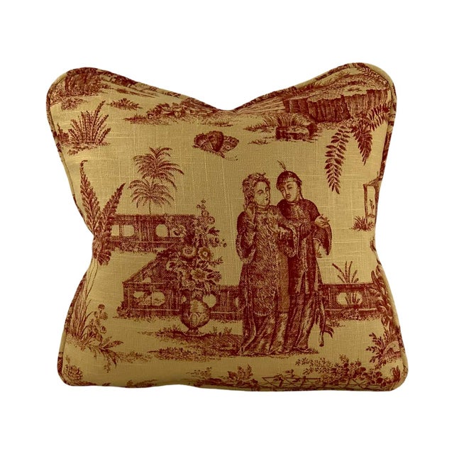 2020s Designer Covington 5th Avenue Designs Gold Red "Les Chinois" Asian Chinoiserie Oriental French Country Toile Pillow Covers- 14" Pair For Sale - Image 5 of 8