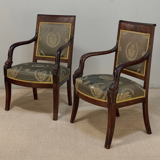 French Pair 19th Century French Empire Period Mahogany Armchairs ~ Fauteuils For Sale - Image 3 of 17