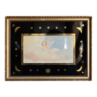 Small Antique Cherub Watercolour in Moon and Star Verre Egolisme Frame, 19th Century For Sale