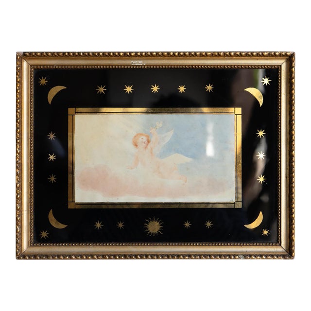 Small Antique Cherub Watercolour in Moon and Star Verre Egolisme Frame, 19th Century For Sale
