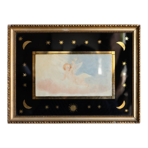 Small Antique Cherub Watercolour in Moon and Star Verre Egolisme Frame, 19th Century