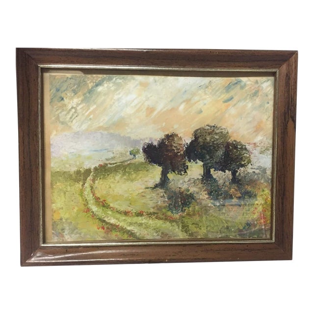 Small Vintage Painting of Landscape (trees in a meadow) Artist unknown. Includes wooden frame