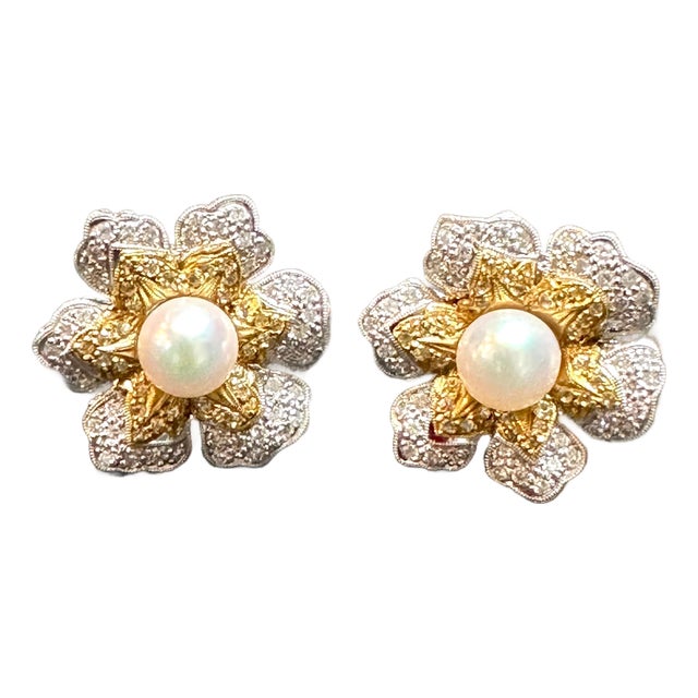 Diamond South Sea Pearl Platinum Large Flower Clip on Earrings, Two Tone For Sale
