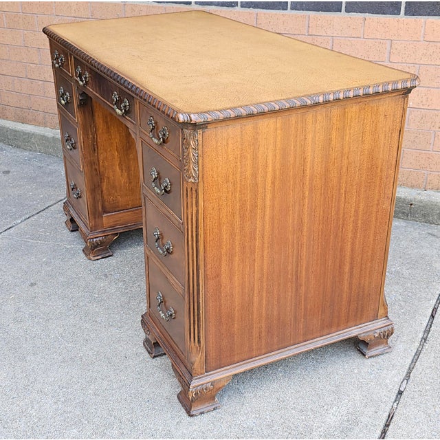 Mid-Century Modern 1960s Solid Mahogany Pedestal Desk With Tan Leather Top For Sale - Image 3 of 11