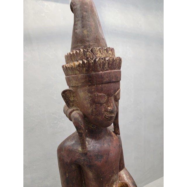 Brown Antique Carved Burmese Monastic Attendant on Pedestal Base - Set of 2 For Sale - Image 8 of 11