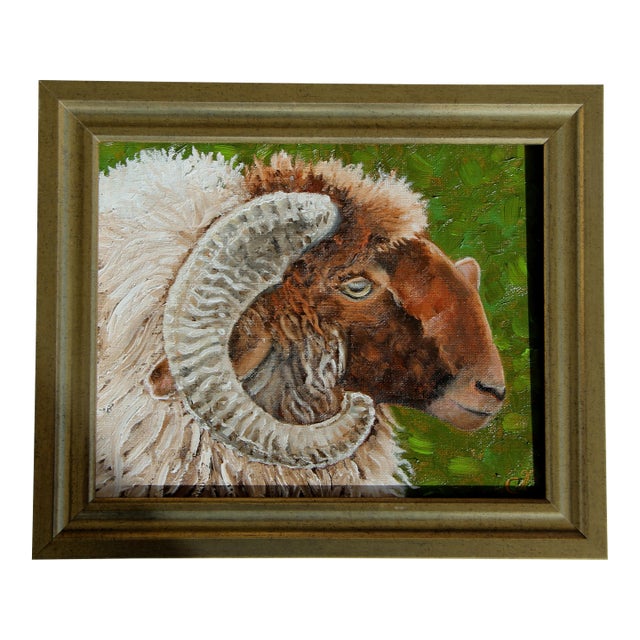 Ram Sheep Portrait English Traditiona Realism Imoressionism Antique White Sienna Green Original Oil Painting Cleo Plowden For Sale