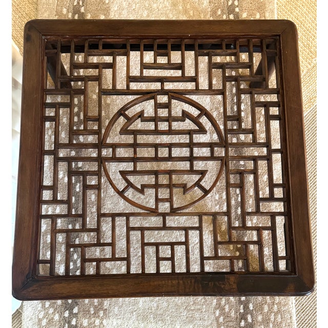 Brown Antique Chinese Elmwood (Yumu) Kang Table – Hand-Cut Mortise & Tenon Joinery With Shou Medallion Fretwork, Qing Dynasty For Sale - Image 8 of 13