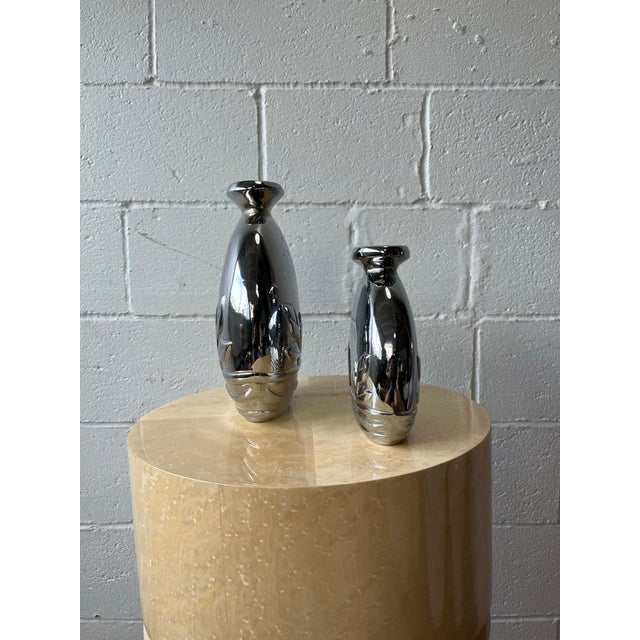 Contemporary Pair of Dolbi Cashier Art Deco Revival Gunmetal Metal Vases, Korea, 1980s For Sale - Image 3 of 10