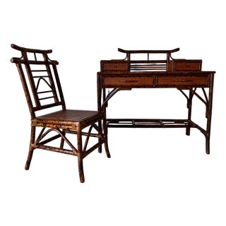 Vintage British Colonial Style Faux Burnt Bamboo and Grasscloth Pagoda Desk and Chair For Sale