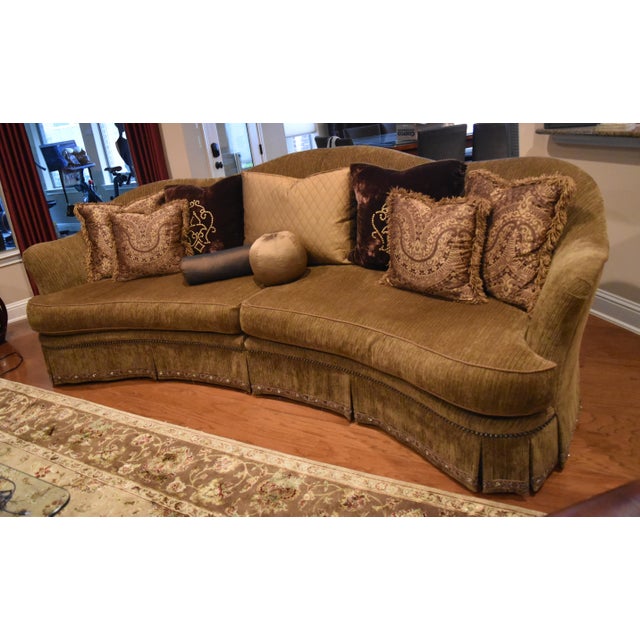 Luxury Marge Carson Maritza two‑piece sofa with boxed bench, deep skirt with built-in sides and back, antique brass nail...