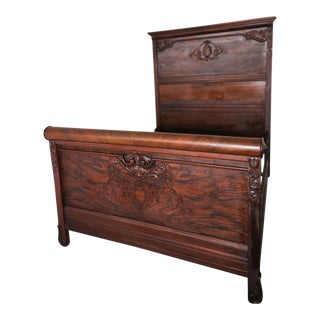1870s Antique Victorian Burl Walnut High Back Bed For Sale