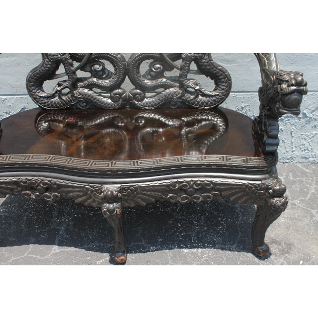 1960s Early 20thc Ebonized and Carved Sitting Bench Chinoiserie For Sale - Image 5 of 13