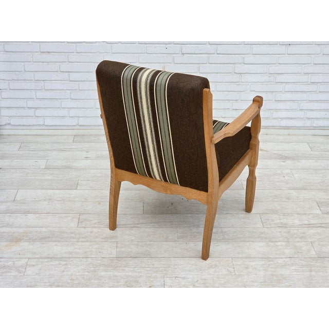 Danish Armchair in Striped Furniture Wool and Carved Oak Wood, 1970s For Sale - Image 6 of 17