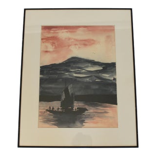 Vintage Framed Moody Nautical Watercolor Painting For Sale